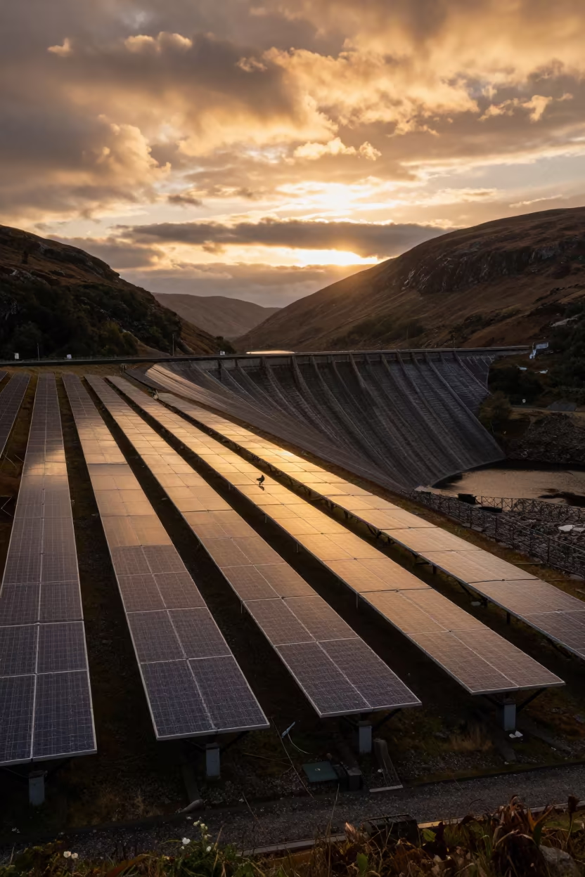 Solar Array Reflects Copper Sunset Over Dam in along a dam spillway in the Scottish Highlands