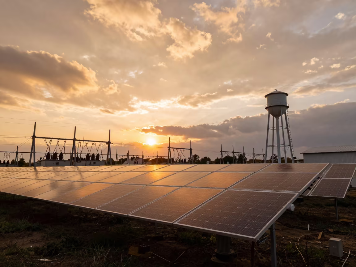 Solar Array Rows Reflecting Copper Sunset in Karadeniz Ereğli in beside a water tower ladder in Karadeniz Ereğli