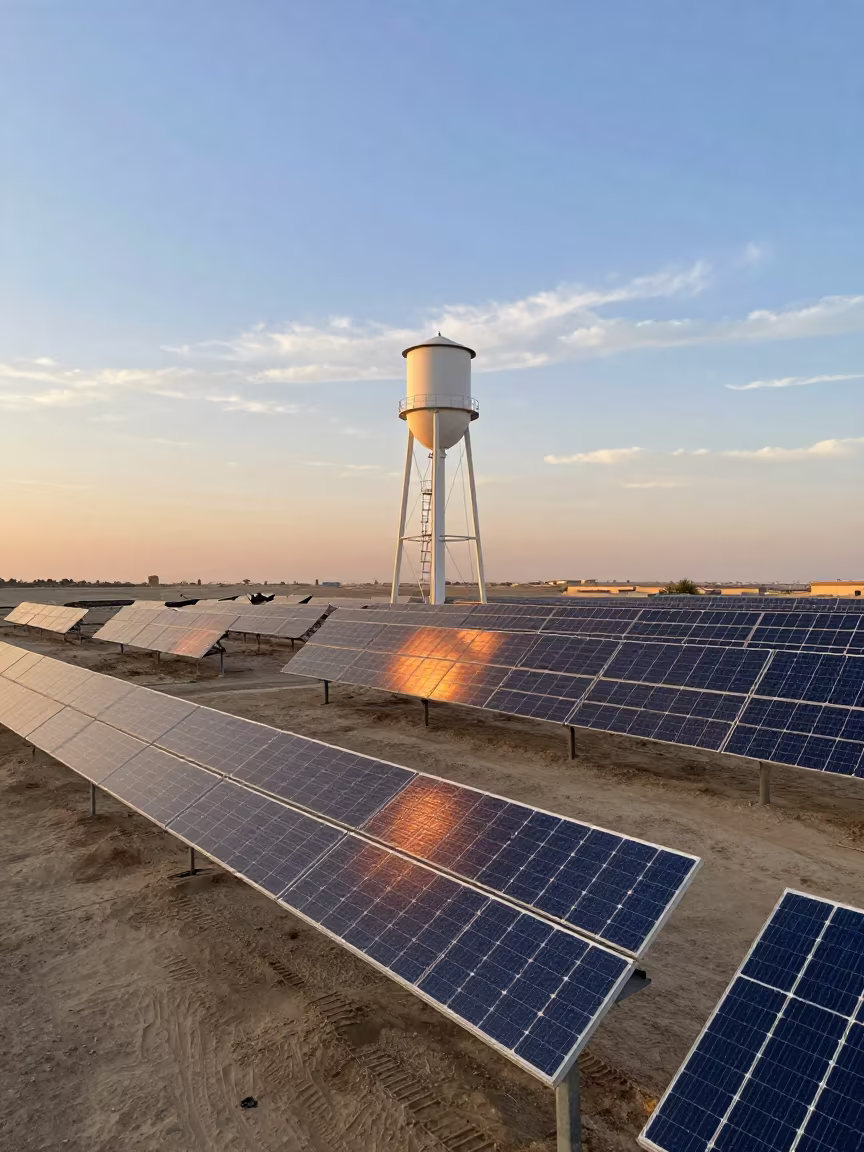 Solar Array Rows Reflecting Copper Sunset Sky in beside a water tower ladder in Shibin Al Kawm