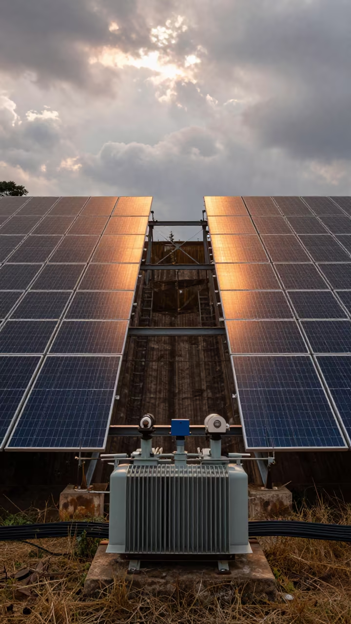 Solar Array Rows Reflecting Copper Sunset in along a dam spillway near Kisii