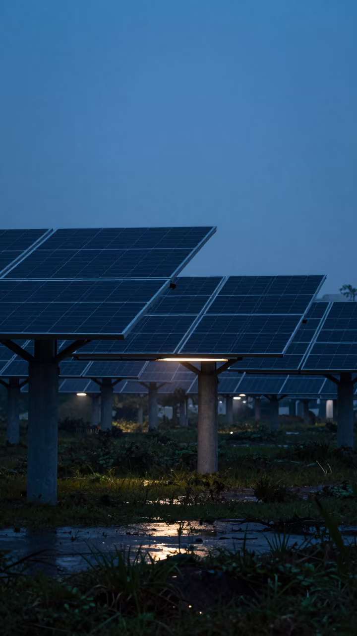Solar Array Silhouettes Over Shenzhen Interchange in across a windy overpass interchange in Shenzhen