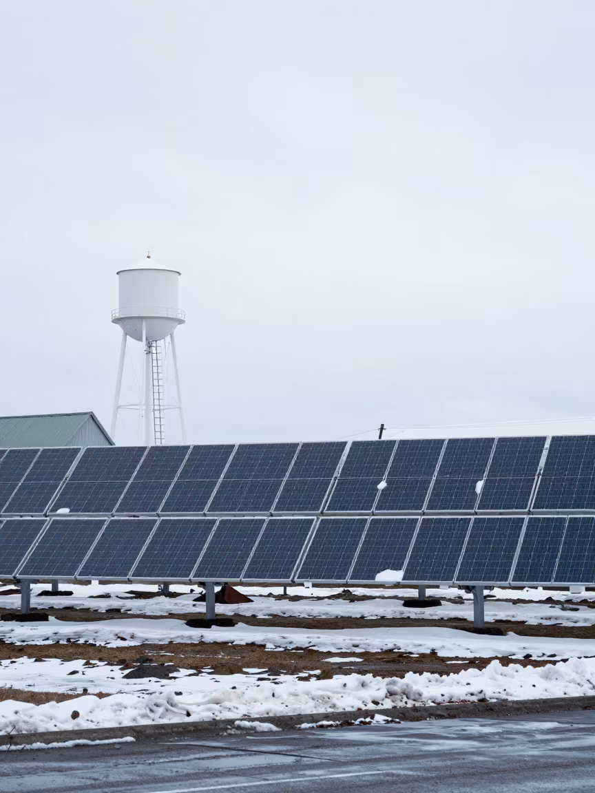 Solar Array Snow Melt Beside Water Tower Ladder in beside a water tower ladder in Hlemmur, Reykjavik