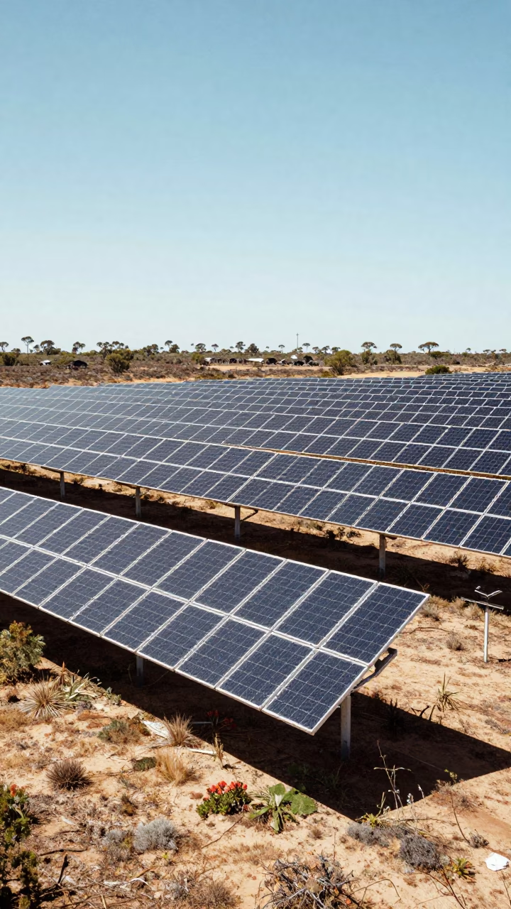 Solar Array Stretching Across Scrubland in Midday Heat Adelaide South Australia in in Adelaide, South Australia, Australia