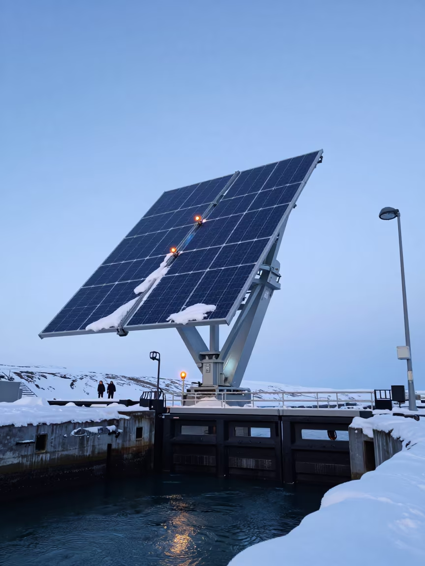 Solar Array Winter Snow Canal Lock Iceland in at a canal lock chamber in Iceland