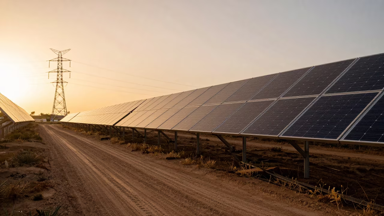 Solar Arrays and Dirt Roads Portugal in beneath transmission towers in Portugal