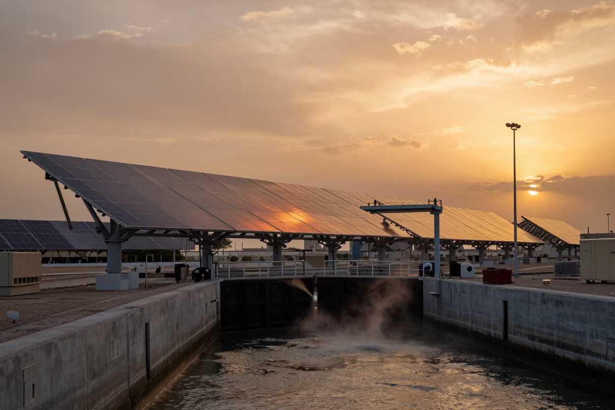 Solar Arrays Reflect Copper Sunset Over Canal Lock in at a canal lock chamber in Bahrain
