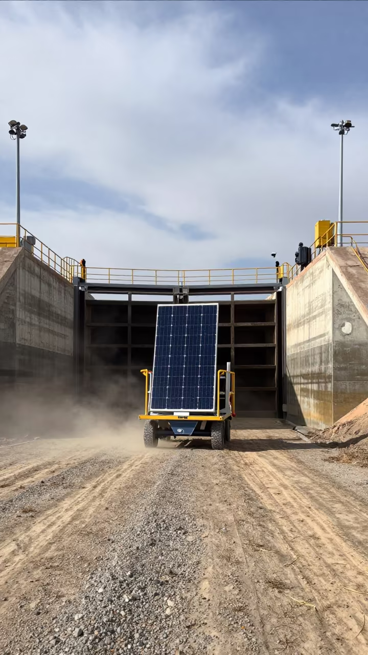 Solar Cart Kicking Dust at Kokshetau Canal Lock in at a canal lock chamber in Kokshetau