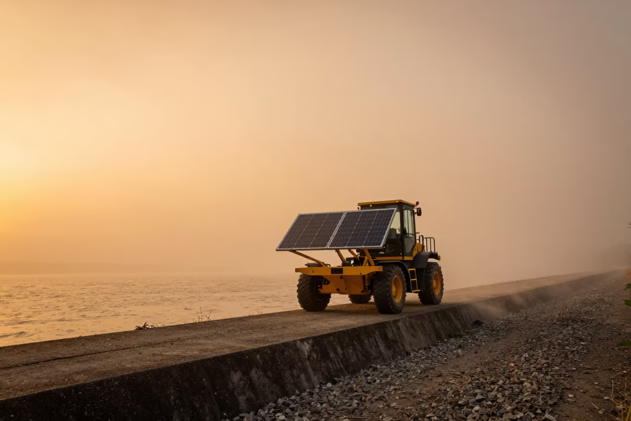Solar Cart Kicks Dust on Chiba Levee at Sunset in along a levee path above floodwater in Chiba