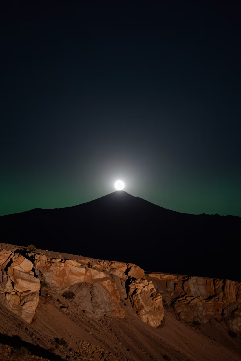 Solar Eclipse Corona Over Desert Escarpment Night in beneath a wind-cut desert escarpment near Pokhara