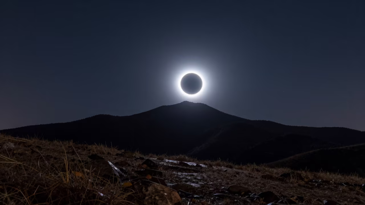 Solar Eclipse Corona Over Taichung Mountains in beneath a dark-sky overlook near Taichung