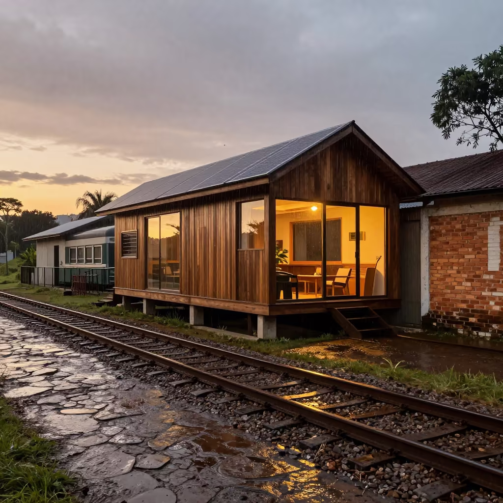 Solar Eco House in Monsoon Train Terminal at Sunset in inside a restored train terminal near Belo Horizonte