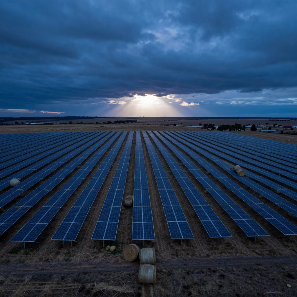 Solar Farm Silhouette Over Hay Bales Uruguay in beside stacked hay bales in Uruguay