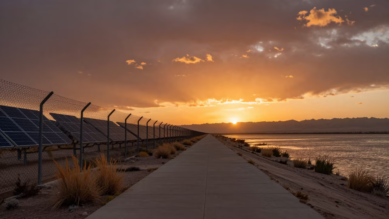 Solar Fence Rattling in Nevada Desert Wind in along a levee path above floodwater in Nevada