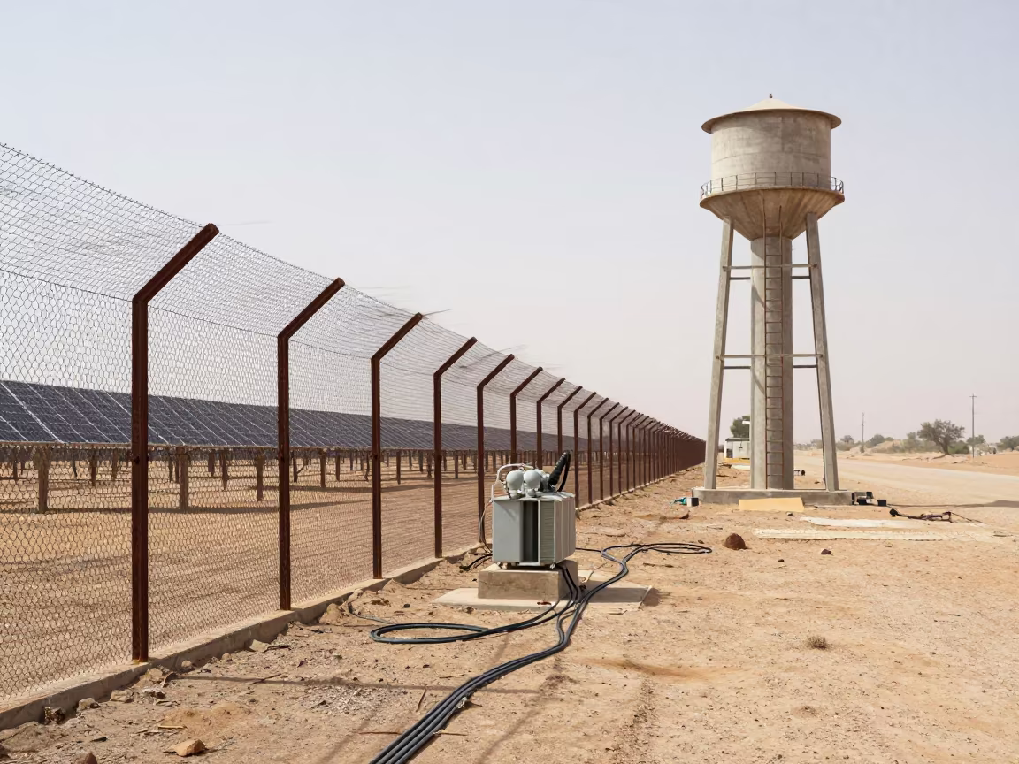 Solar Fence Rattling in Rajasthan Desert Wind in beside a water tower ladder in Rajasthan