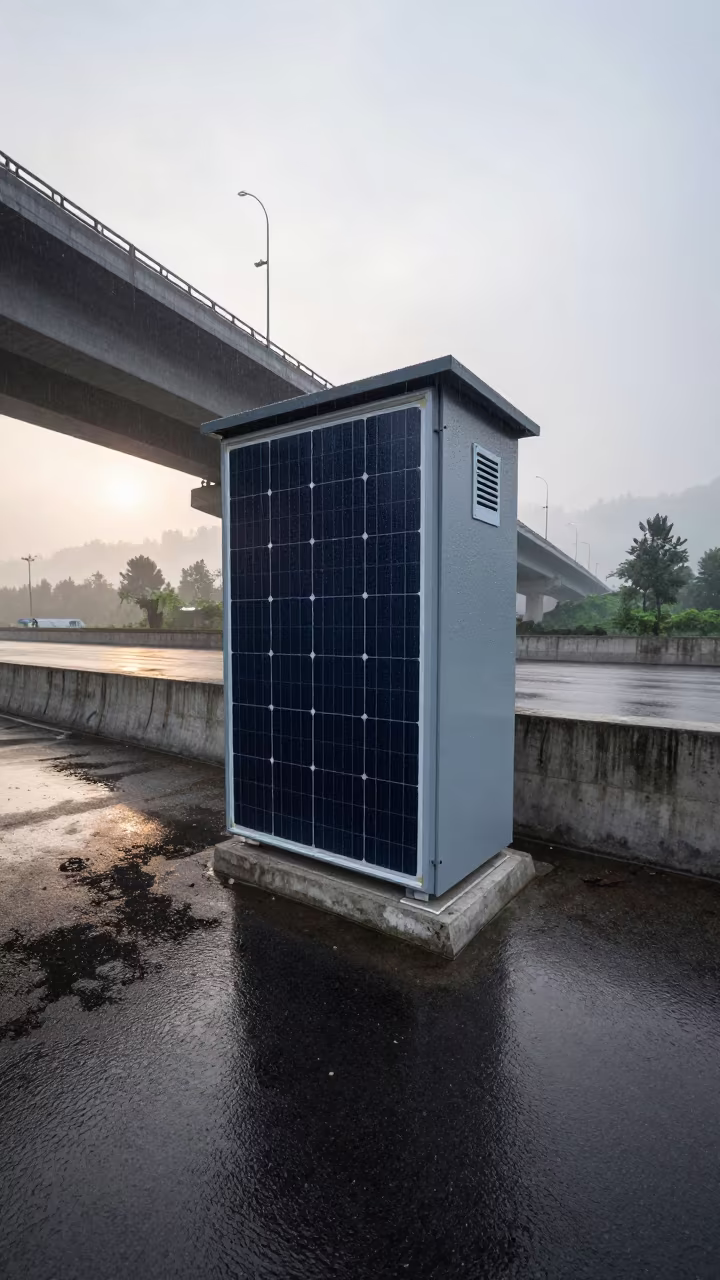 Solar Inverter Cabin on Kashmir Overpass After Rain in across a windy overpass interchange in Kashmir