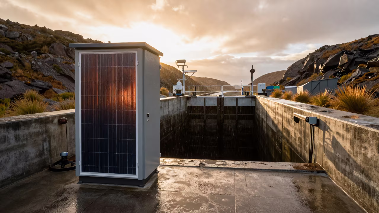 Solar Inverter Cabin at Patagonian Canal Lock Dusk in at a canal lock chamber in Patagonia