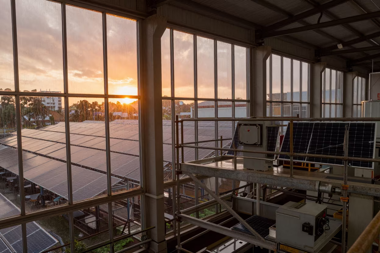 Solar Panel Factory Clean Room at Sunset in on a scaffold platform near Durban