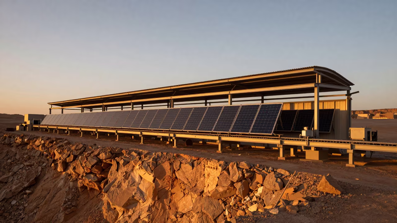Amber Sunset Illuminates Solar Panel Factory on Quarry Ledge in on a quarry ledge near Dakhla