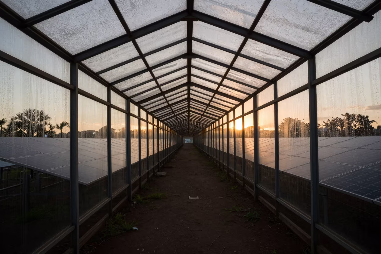 Solar Panels in Glass Arcade Port Vila Sunset in inside a glass-roofed arcade in Port Vila