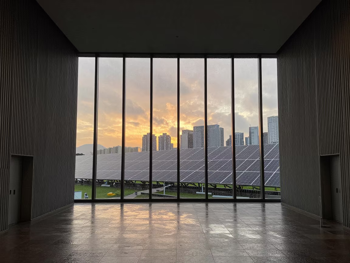 Silhouetted Solar Panels in Hong Kong Lobby at Sunset in inside a ribbed concrete lobby in Hong Kong
