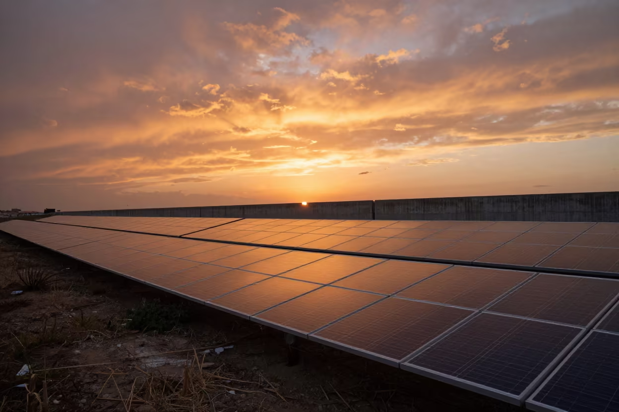 Solar Panels Reflect Copper Sunset Rome Storm Barrier in beside a storm surge barrier near Rome