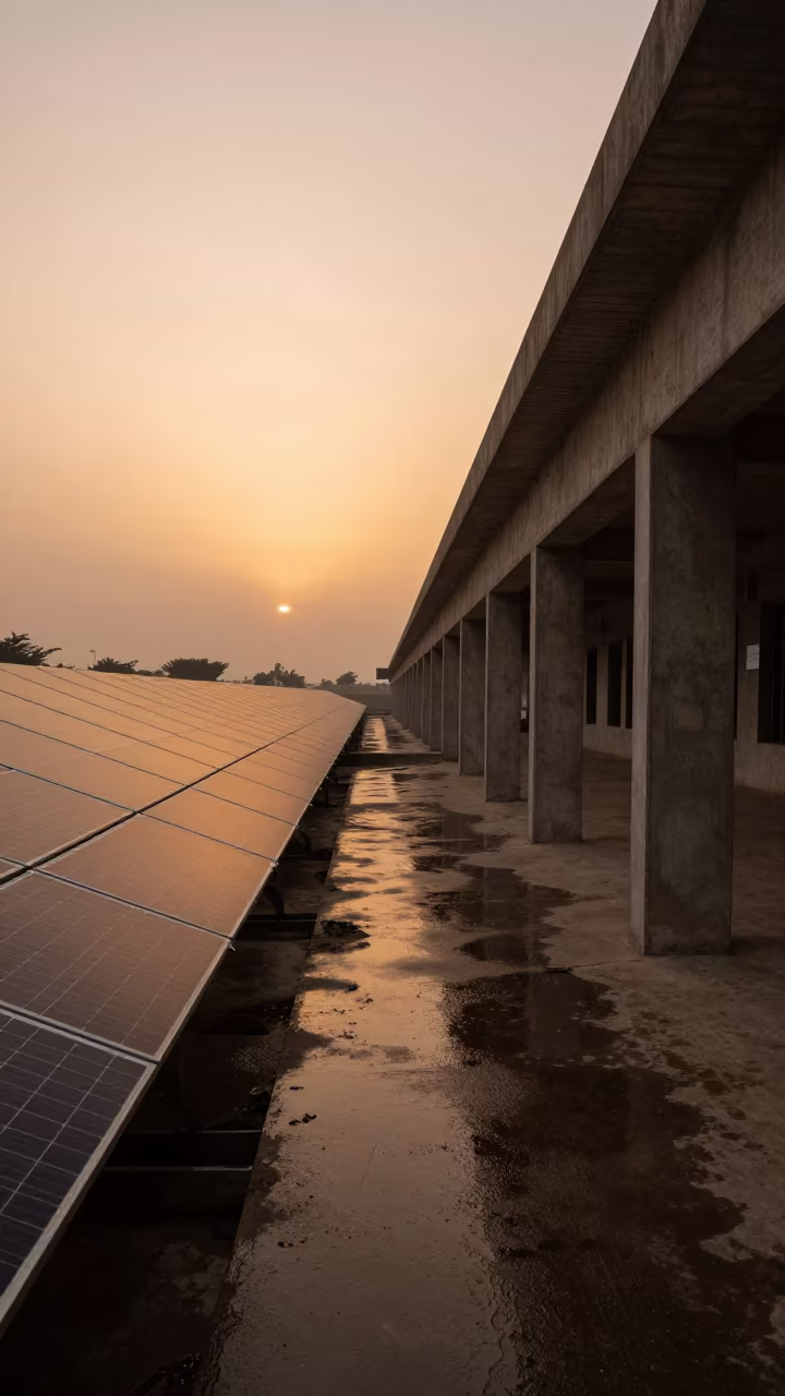 Solar Panels in Ribbed Concrete Lobby at Sunset in inside a ribbed concrete lobby in Kano