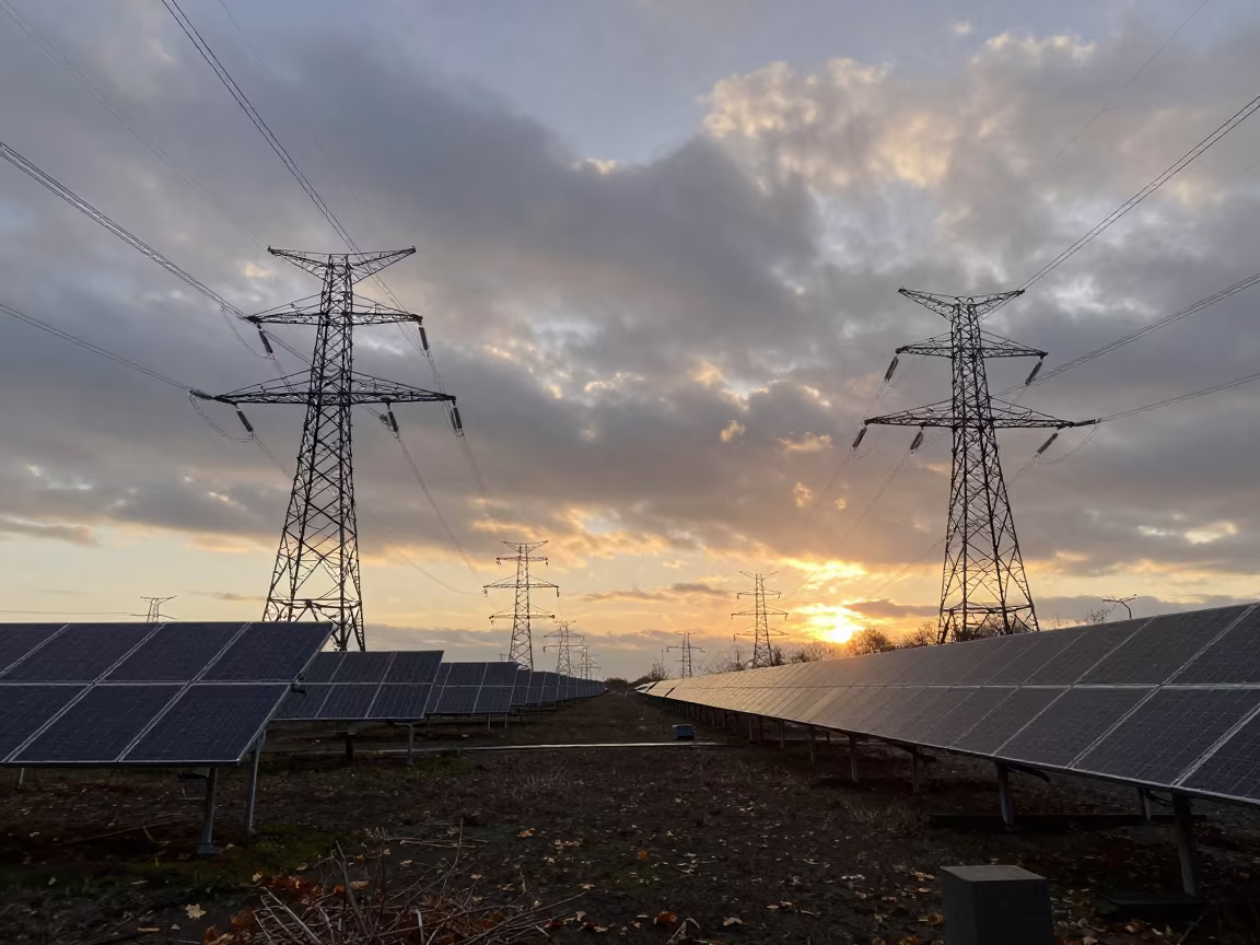 Solar Panels Silhouette Against Copper Sunset in beneath transmission towers in The Hague