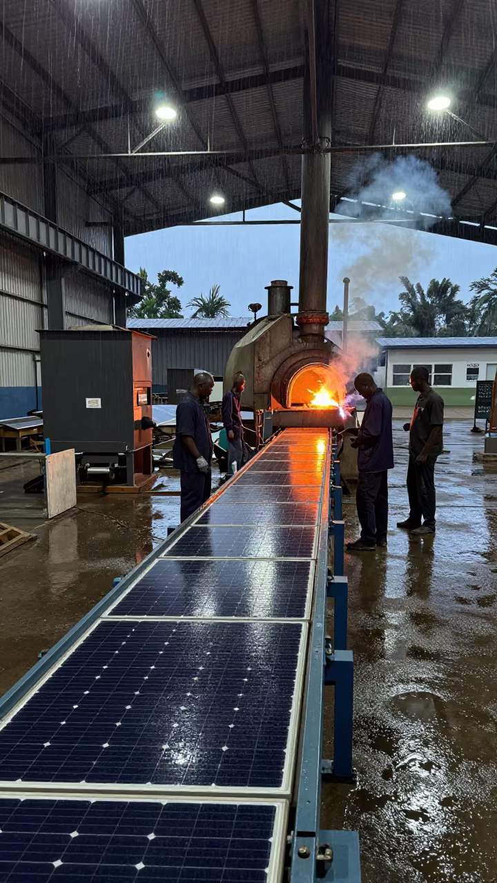 Solar Wafers on Conveyor in Kinshasa Factory in beside a blast furnace near Kinshasa