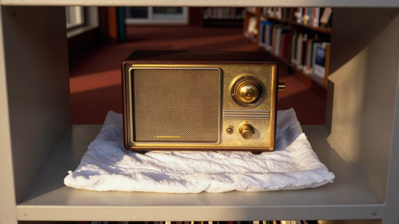 Soldered Radio Under Cotton Cloth on Library Table in on a painted display ledge in Asheville