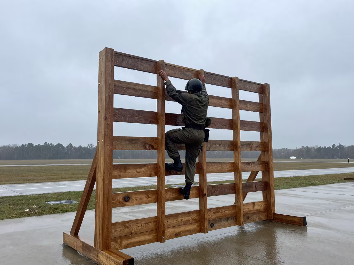 Soldier Climbs Rain-Slicked Obstacle Wall in along an airbase flight line in Virginia