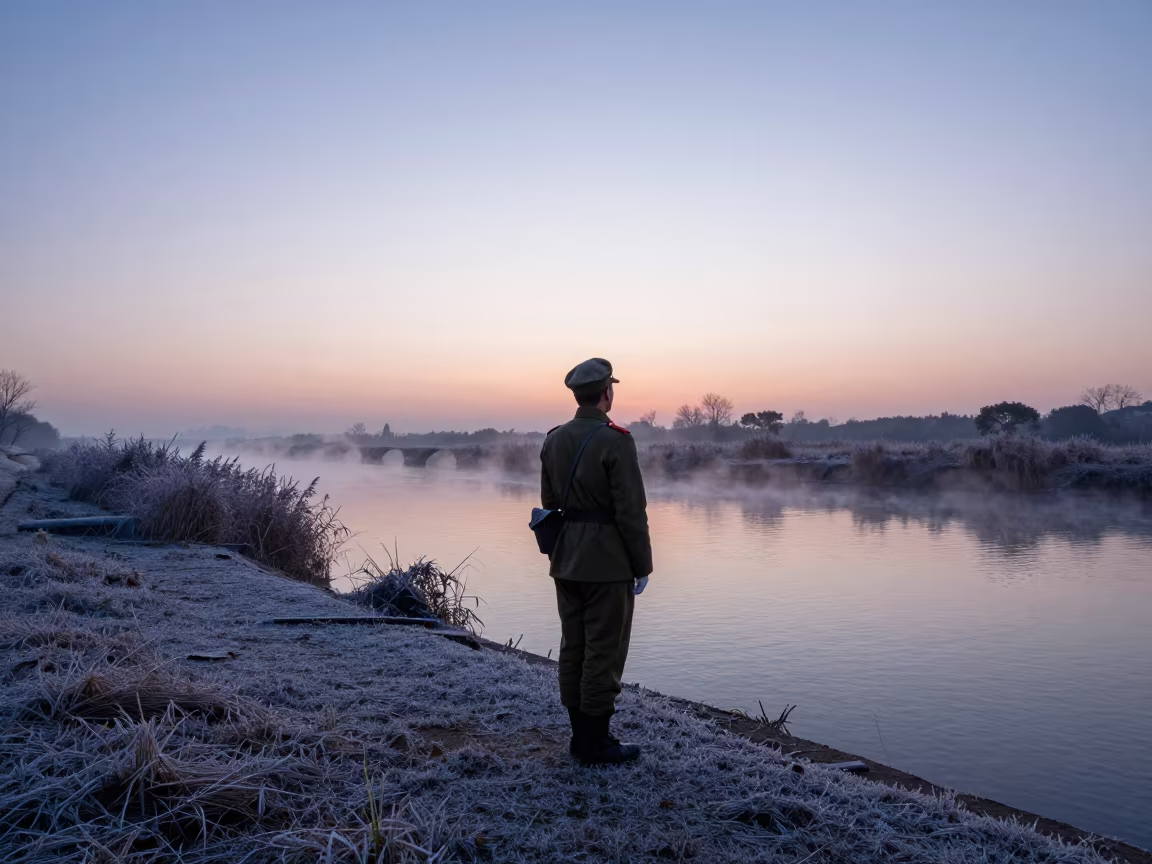 Soldier Standing Watch at Dawn Beside Canal in beside a canal in Changsha