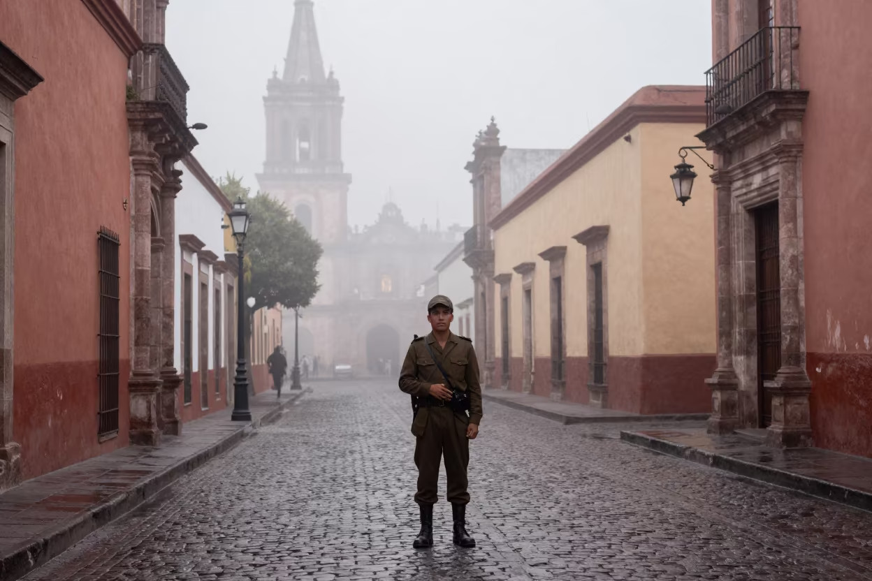 Soldier Standing Watch at Dawn in Puebla in in the old quarter in Puebla