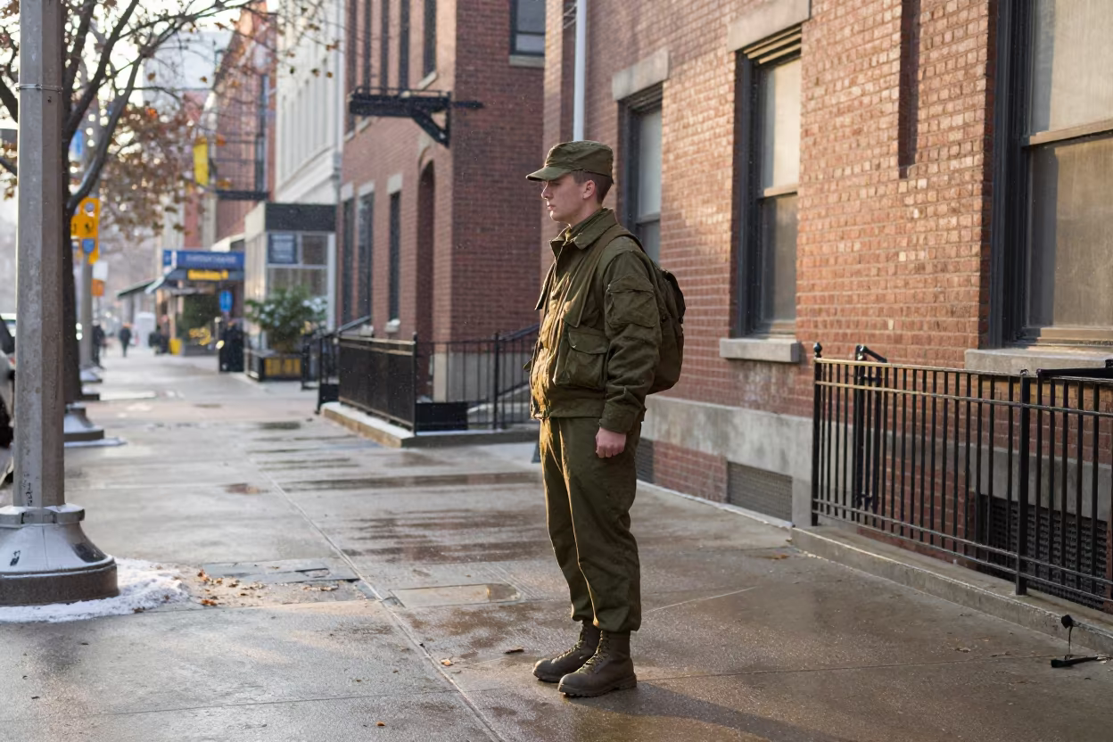 Soldier Standing Watch in Uptown Chicago Dawn in in Uptown, Chicago
