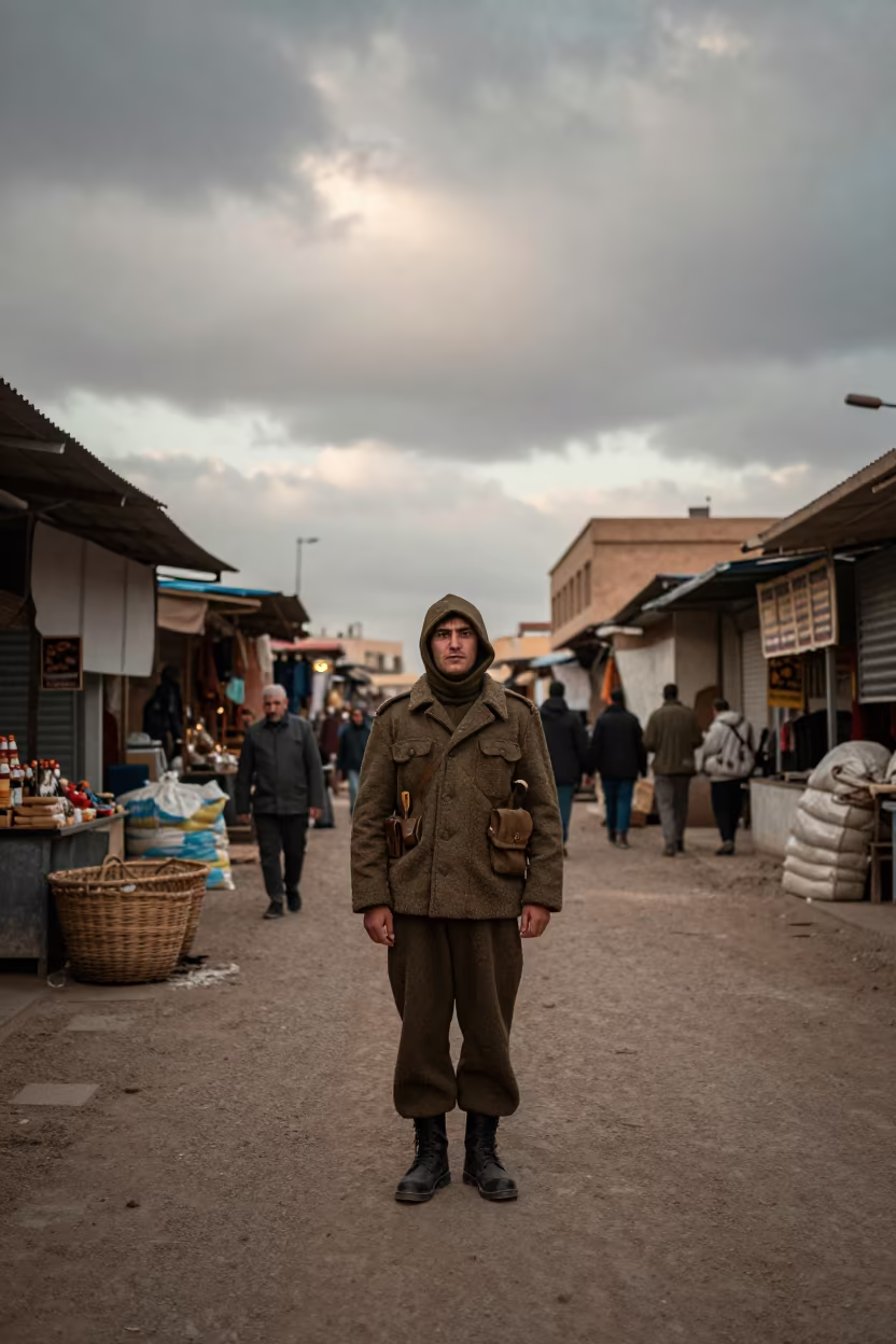 Soldier on Watch in Ouargla Winter Dawn in along a market lane in Ouargla
