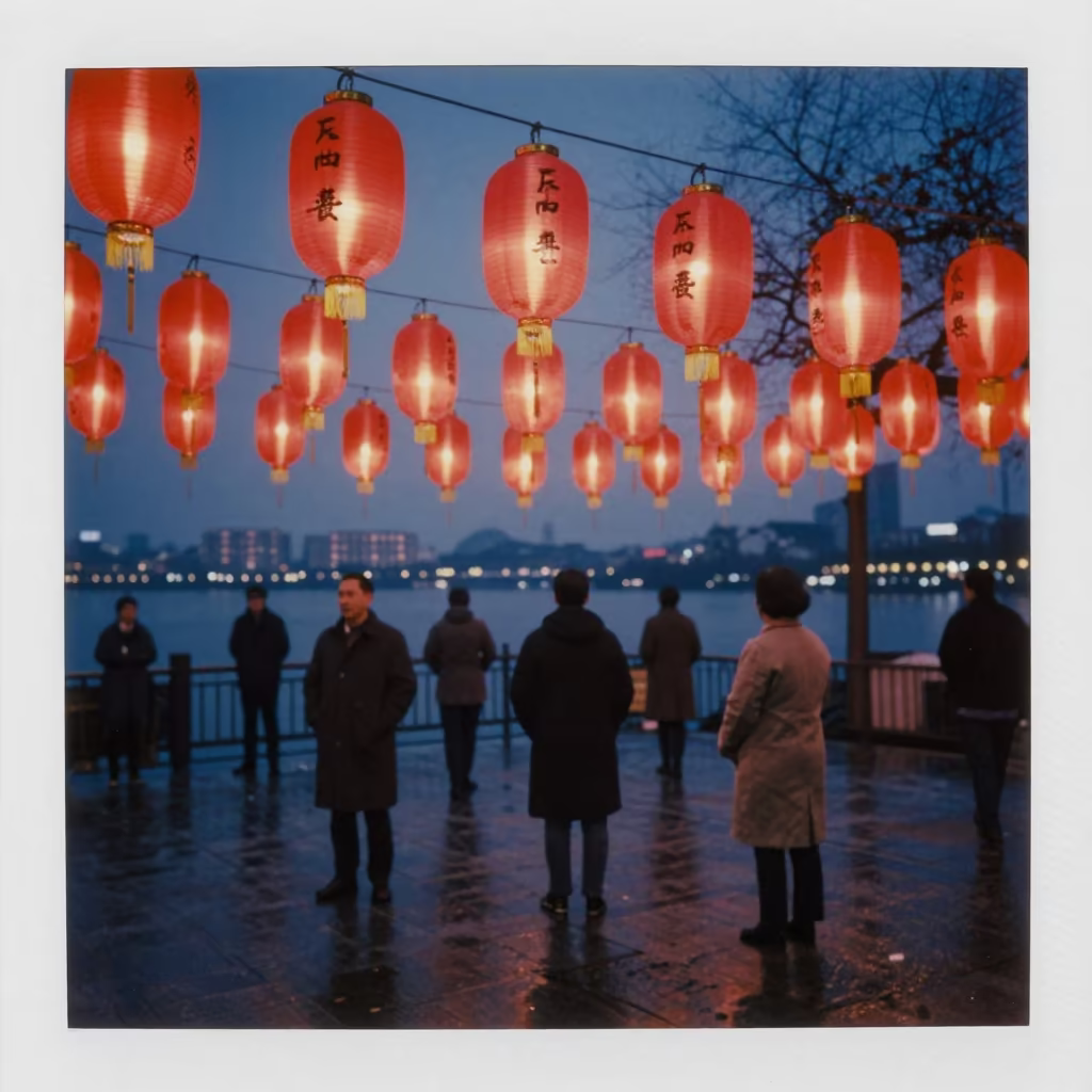 Solemn Chinese Lanterns at Xian Waterfront in at a waterfront celebration in Xian