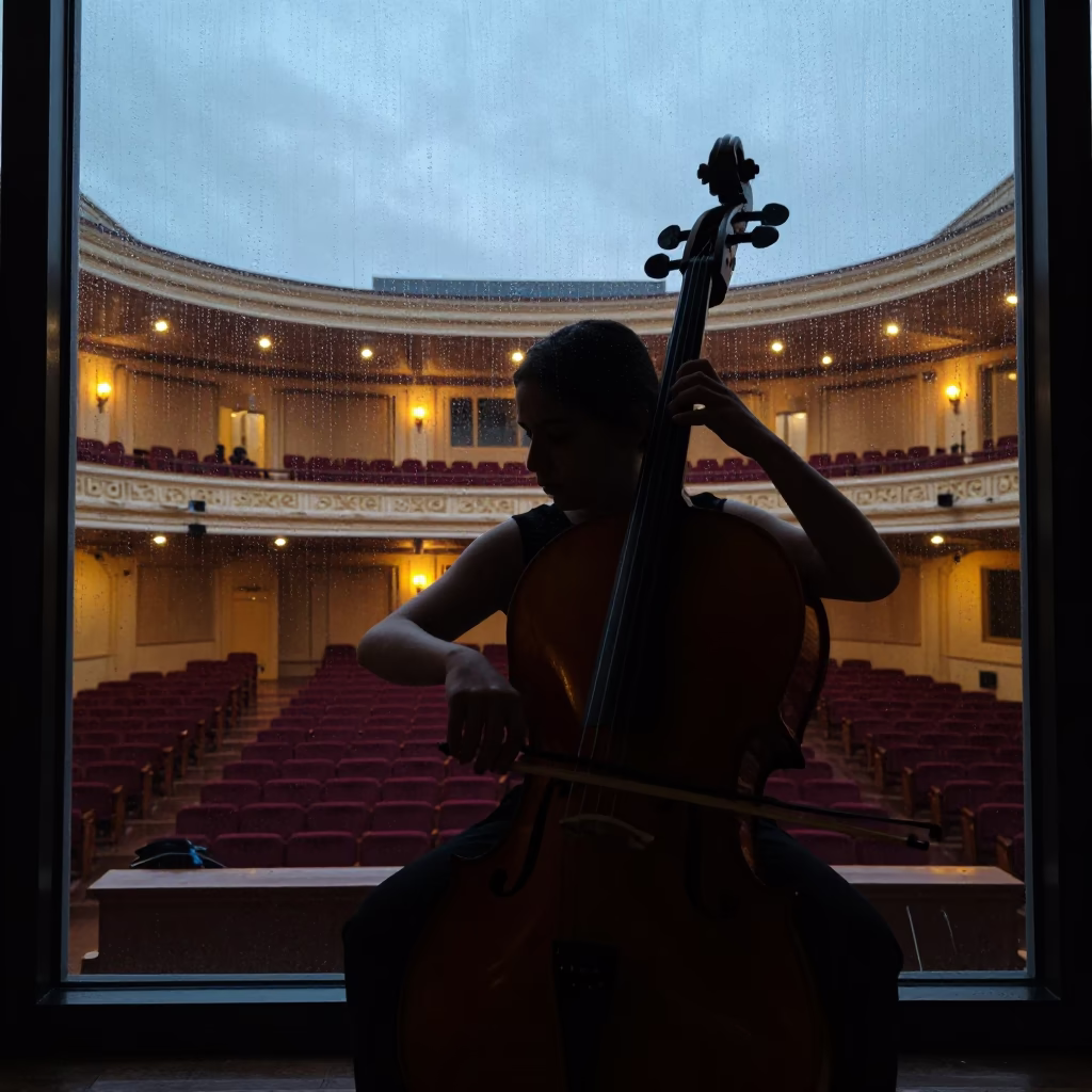 Solo Cellist Silhouette in Suez Recital Hall in in a concert hall in Suez