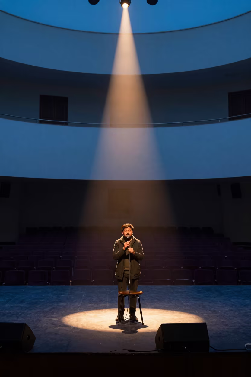 Solo Monologue Under Blue Evening Stage Light in in a concert hall in Lucknow