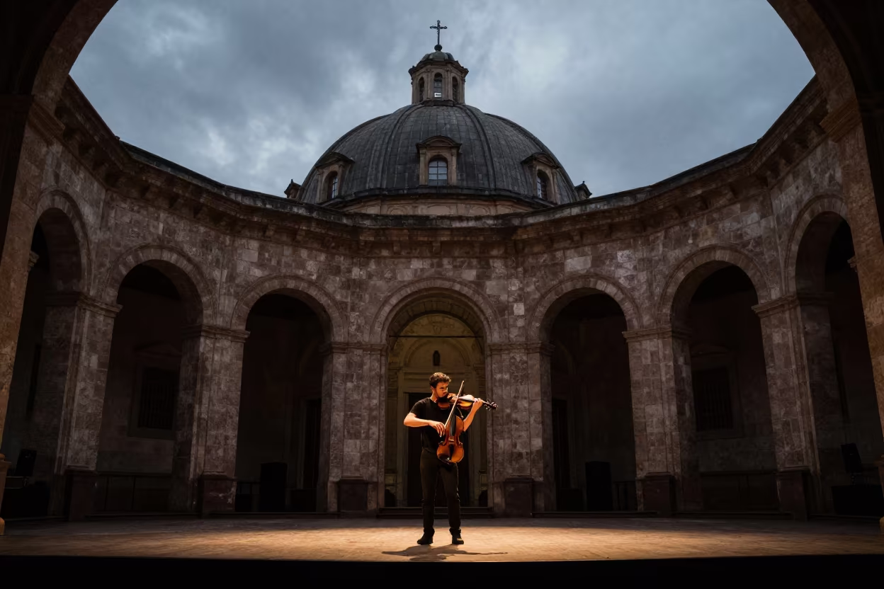Solo Violinist Under Cathedral Dome in Lubango in on a theater stage in Lubango