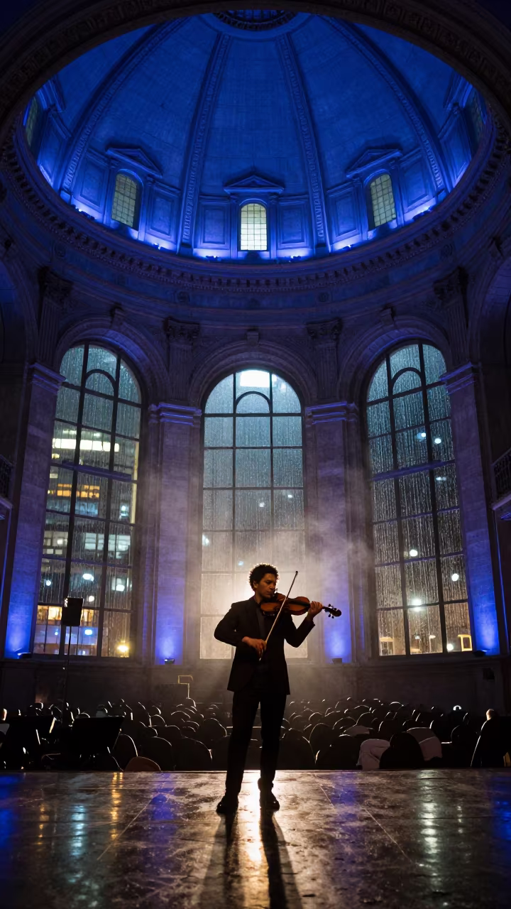 Solo Violinist Under Cathedral Dome in Mexico City in in a concert hall in Mexico City