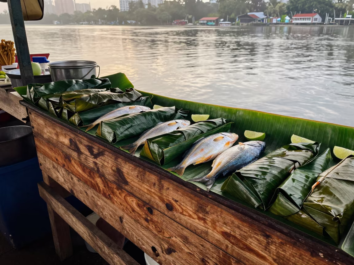 Solomon Islands Fish Wrapped in Banana Leaf in at a fish market counter near Brickfields, Kuala Lumpur