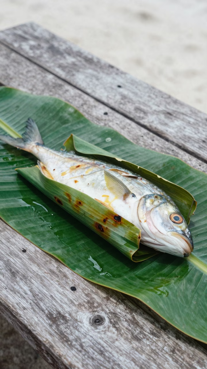 Solomon Islands Fish Wrapped in Banana Leaf in on a weathered outdoor table near Dar es Salaam