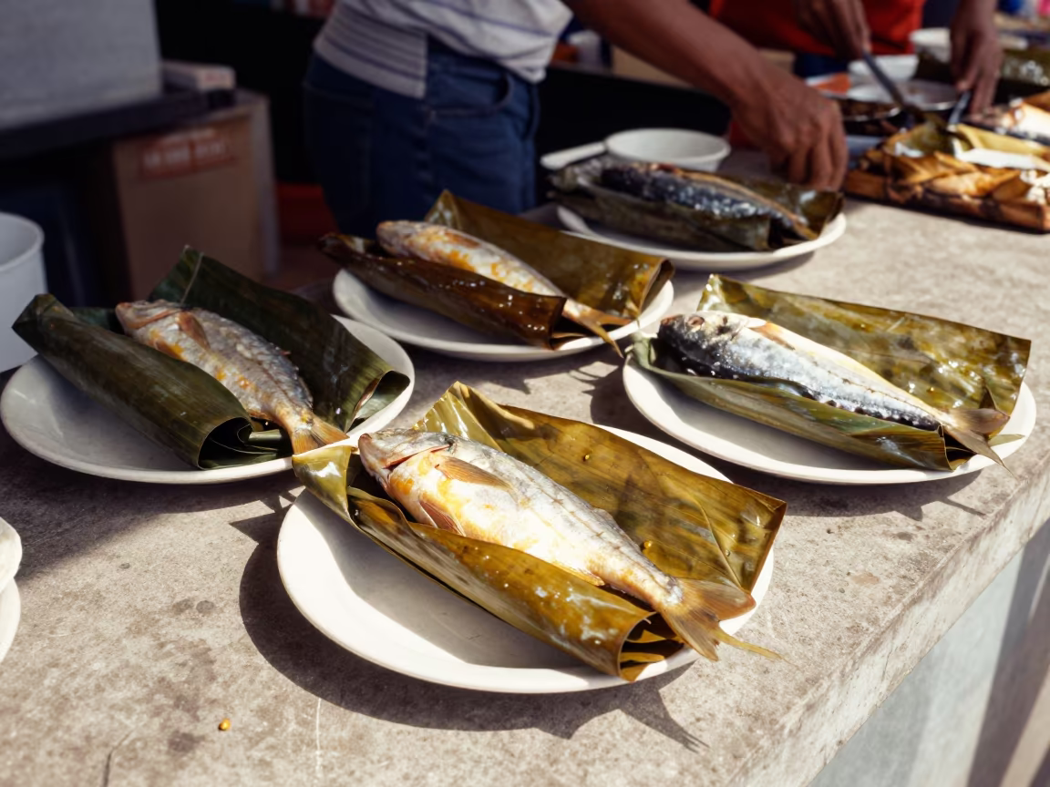 Solomon Islands Fish Wrapped in Banana Leaf in at a fish market counter near Rio de Janeiro