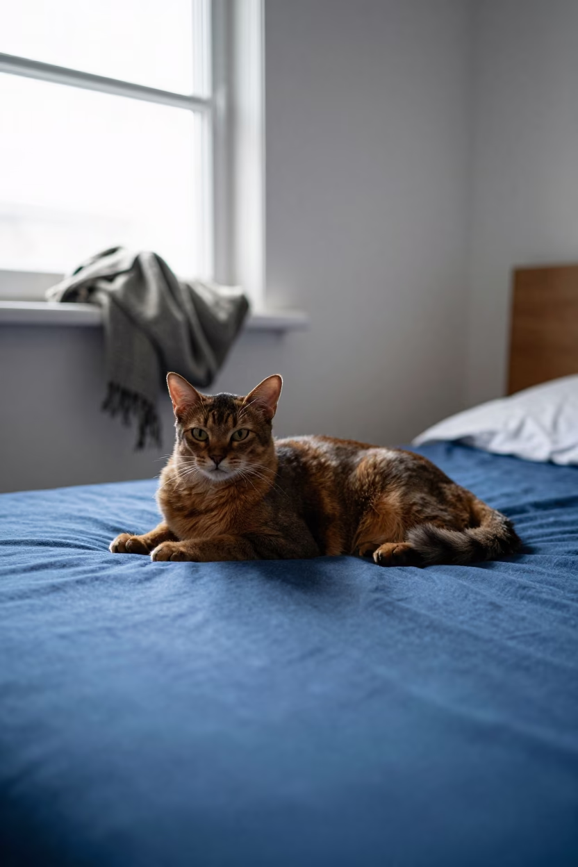 Somali Cat Lounging on Bedspread Near Window in on a bedspread near a bright window with calm indoor light in Obninsk