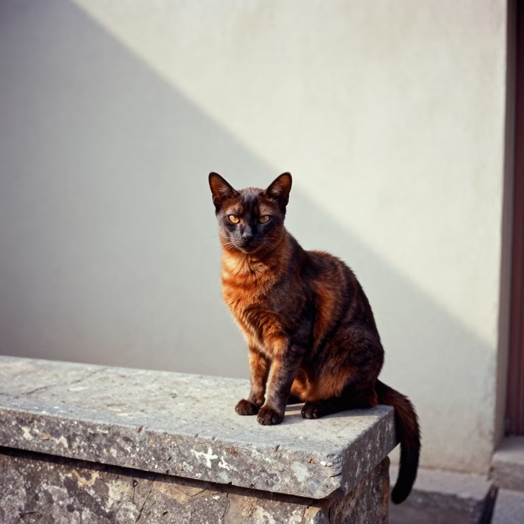 Somali Cat on Chittagong Courtyard Wall in beside a plain courtyard wall in clear daylight with the animal at eye level near Chittagong