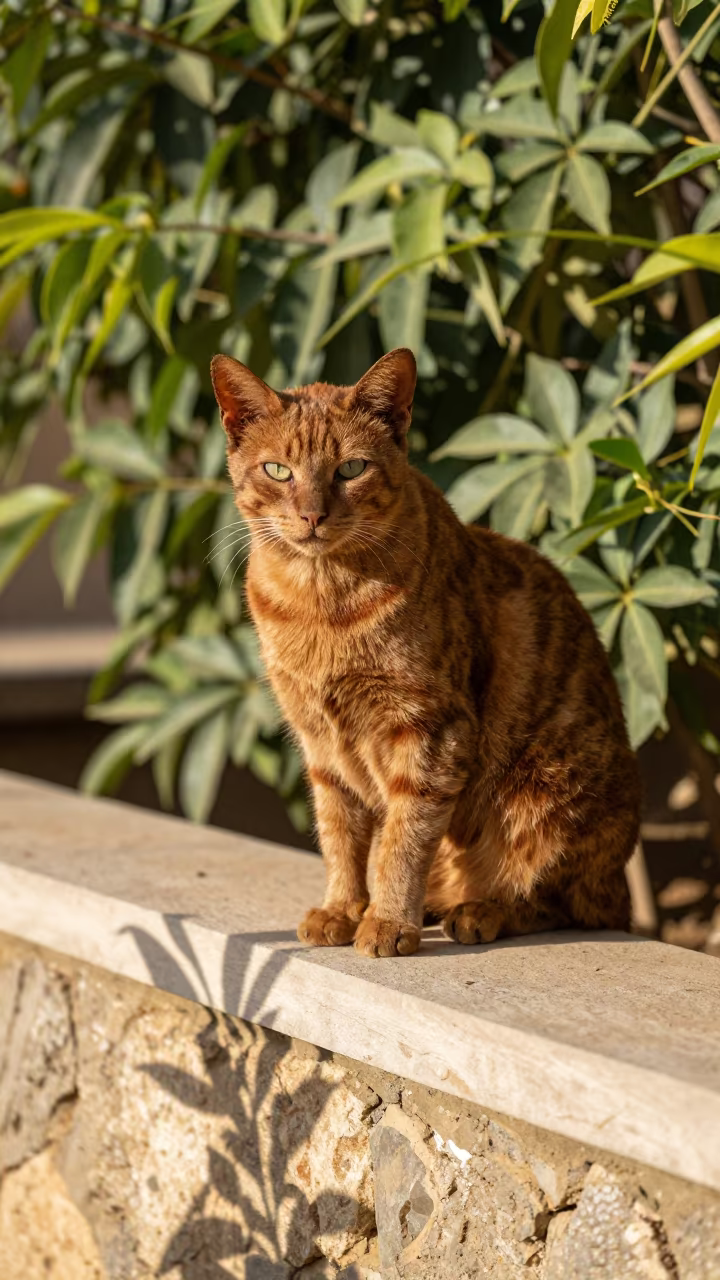 Somali Cat on Garden Wall in Gondar Morning Light in near a garden edge with soft morning light and an uncluttered background near Gondar