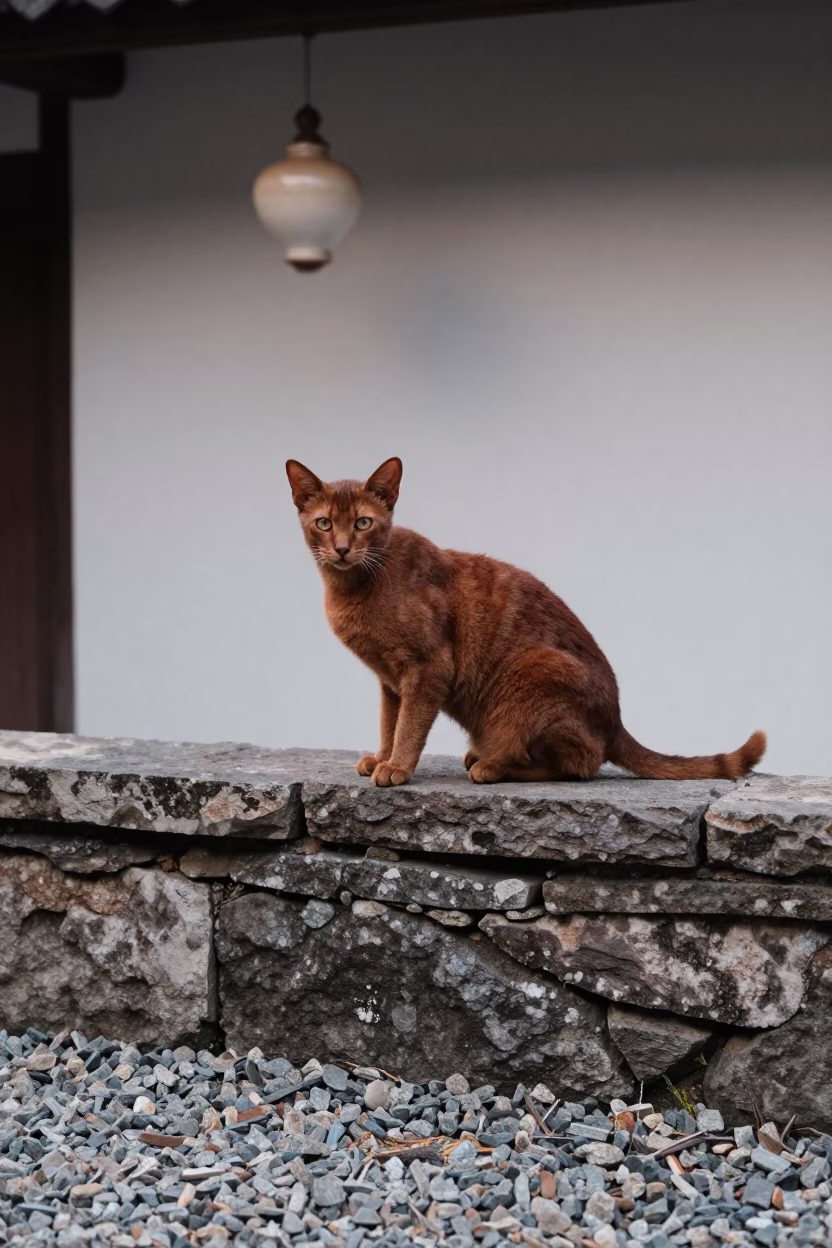 Somali Cat on Garden Wall in Ningbo Morning Light in near a garden edge with soft morning light and an uncluttered background in Ningbo