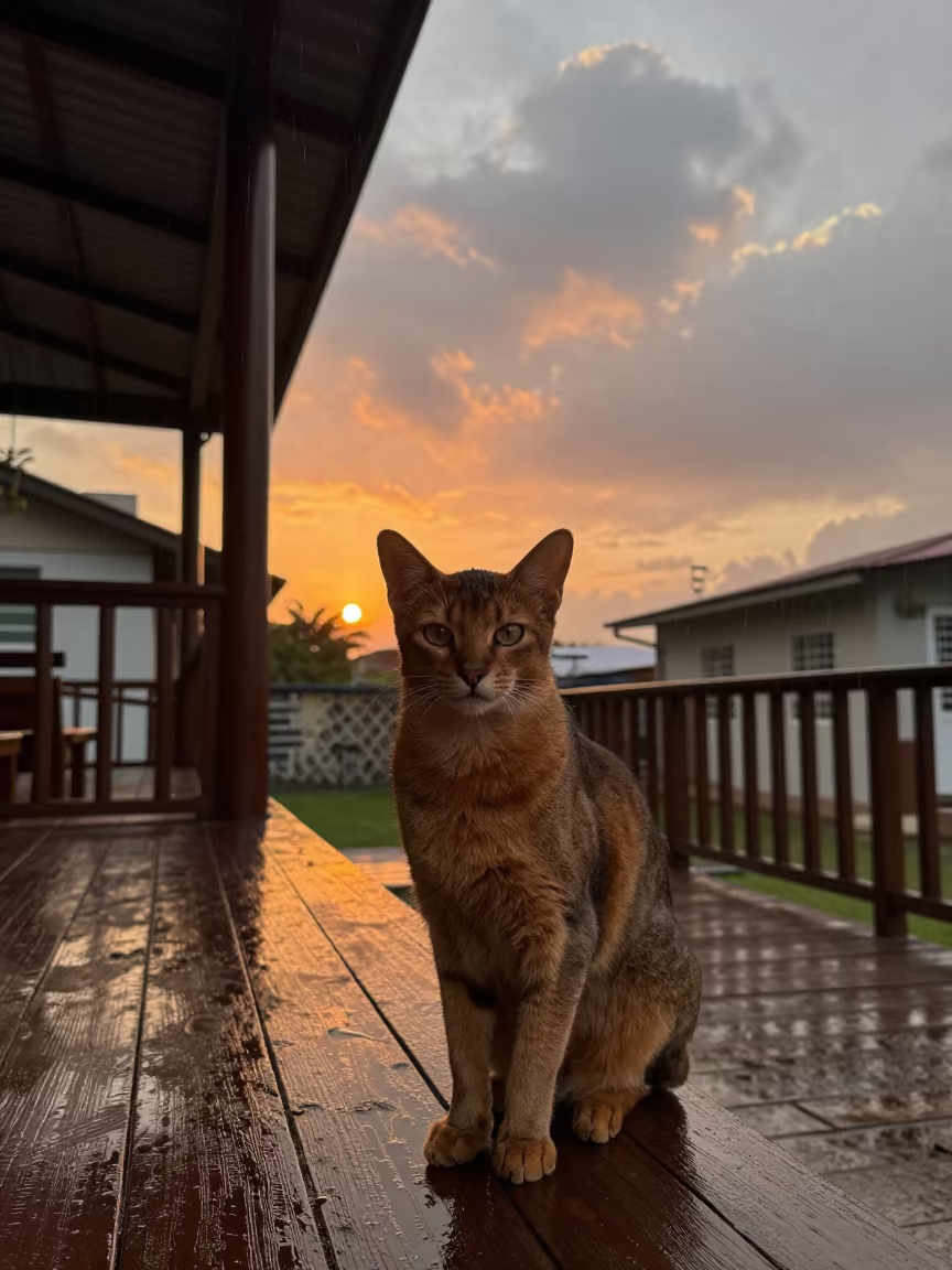 Somali Cat on Paramaribo Porch at Sunset in on a shaded front porch with boards, railings, and eye-level framing near Paramaribo