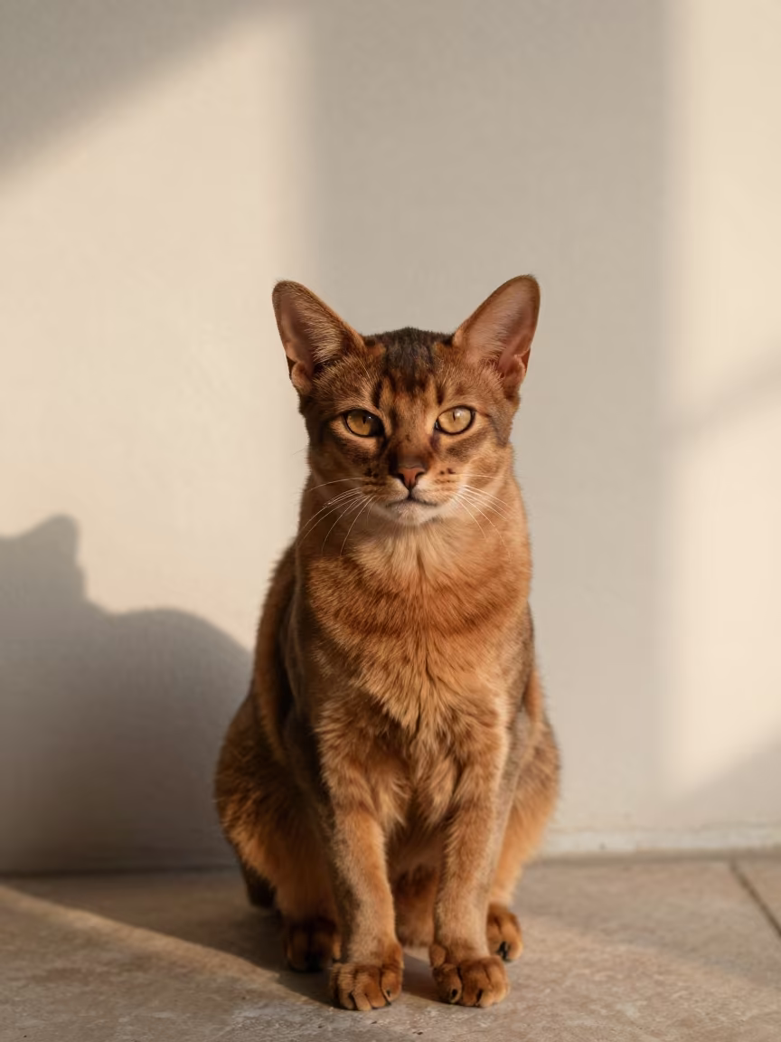Somali Cat Portrait Beside Plaster Wall in Dubai in beside a plain plaster wall in soft indoor light with the animal centered in frame in Dubai