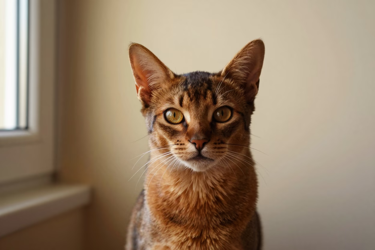 Somali Cat Portrait in Soft Indoor Light in beside a plain plaster wall in soft indoor light with the animal centered in frame in Groningen