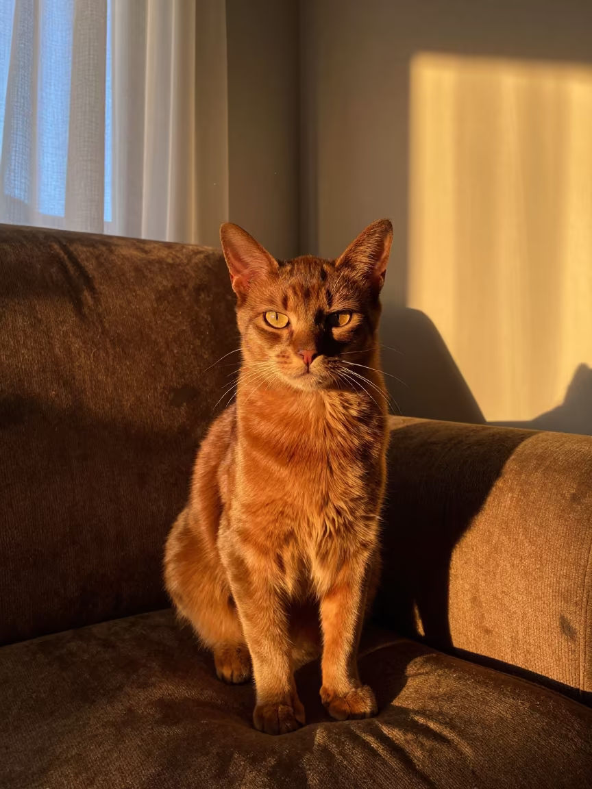 Somali Cat Portrait on Sofa Near Curtained Window in on a sofa near a curtained window with calm indoor light in Christchurch
